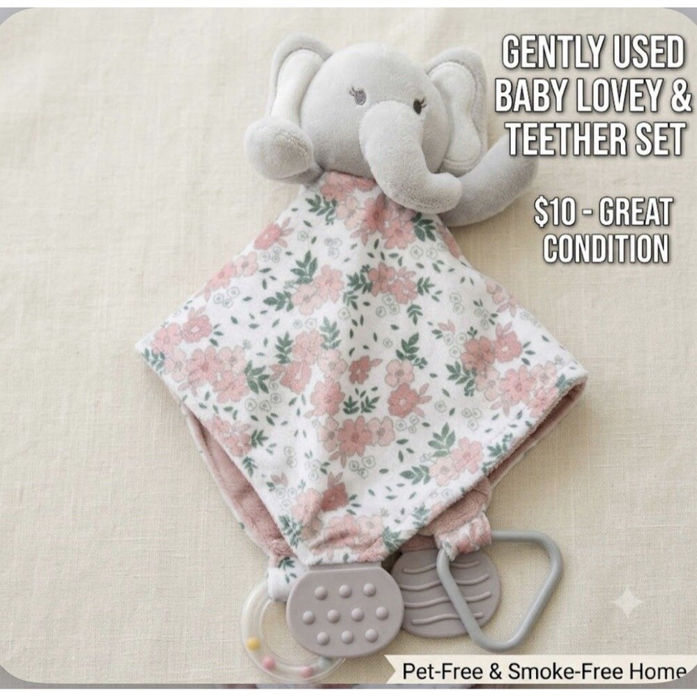 Modern Baby Elephant Security Blanket Baby Lovey Pink Floral Teether Dusty Rose